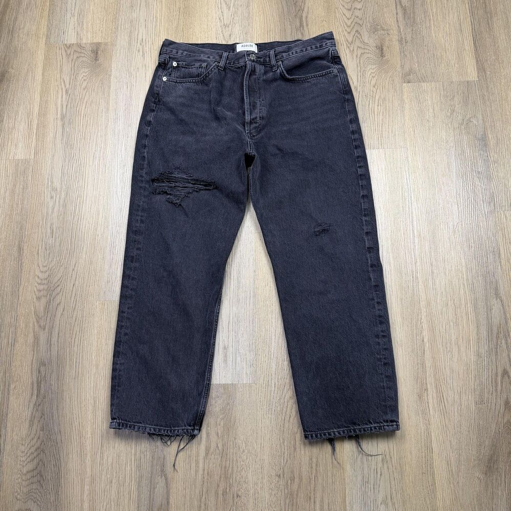 AGOLDE 90s Crop Jeans Womens Black Distressed High Rise Straight Leg Denim